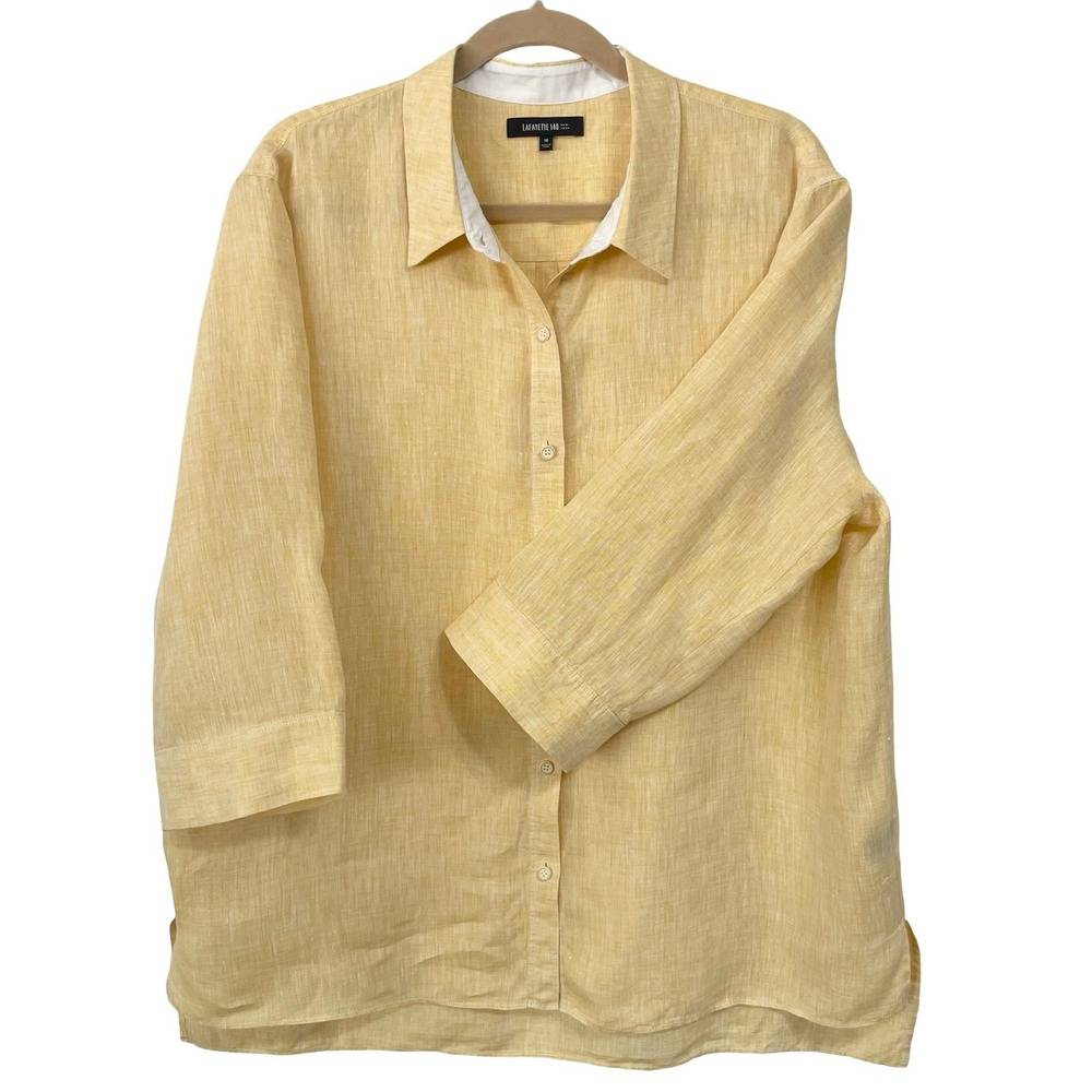 Lafayette 148 New York Yellow Linen Button Down Shirt Blouse Size 16 Classic